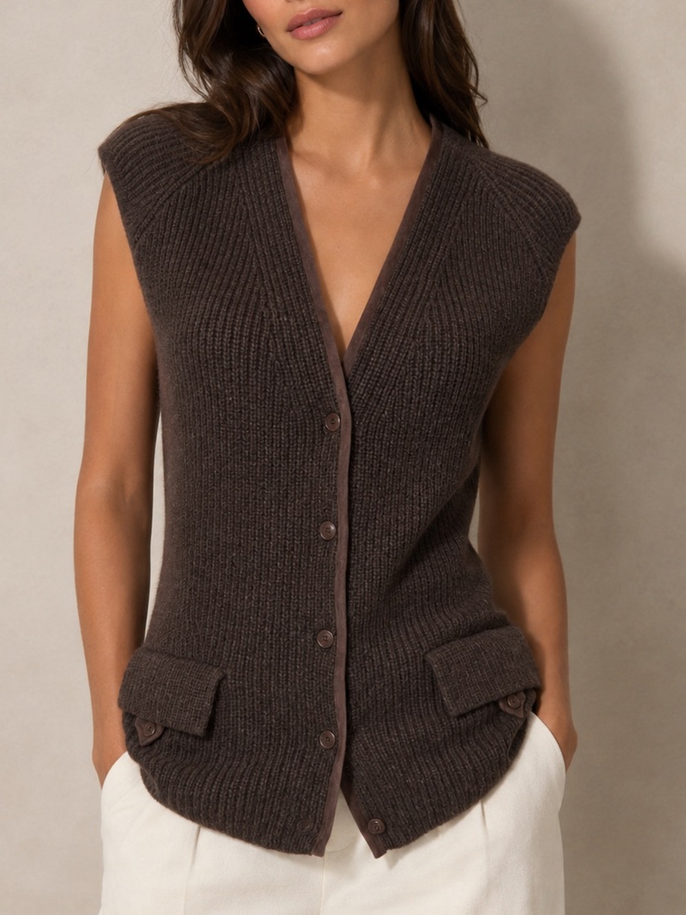 Loro Piana Dark Brown 100% Cashmere & Suede Trim Button-Front Sweater Vest